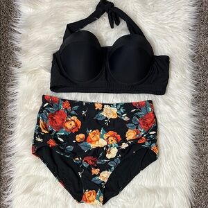 NWOT From Amazon Black Floral 2 Piece High Waisted Push Up Bikini Set Size XXL